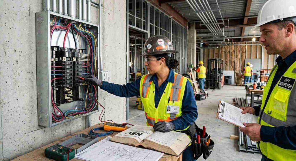 Licensed electrician and city inspector reviewing commercial electrical code compliance in a business building