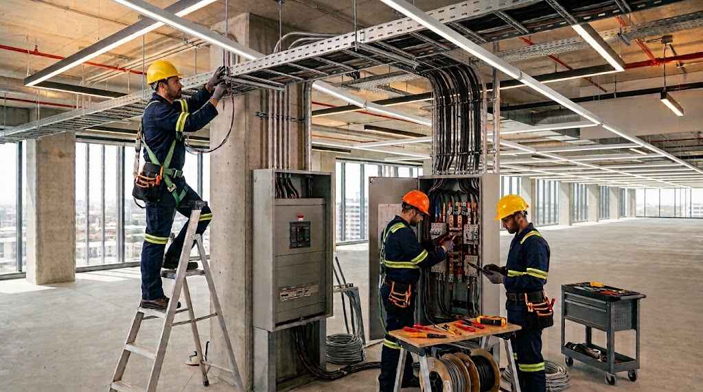 Electricians installing electrical wiring, panels, conduits, and lighting systems in a modern commercial building.