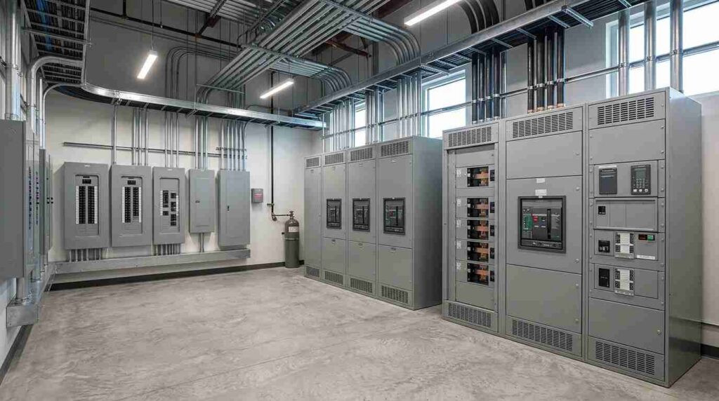 Commercial electrical room with panelboards, a large switchboard, and heavy-duty switchgear used for power distribution and protection.