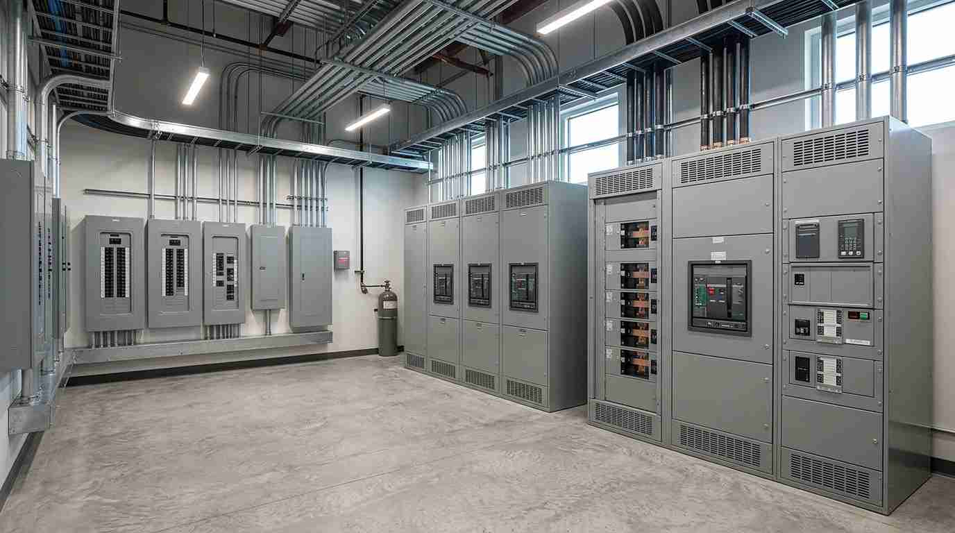 Commercial electrical room with panelboards, a large switchboard, and heavy-duty switchgear used for power distribution and protection.