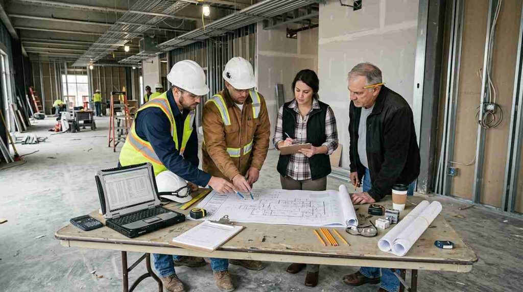 Commercial electrical contractors reviewing construction drawings and project documents during preconstruction planning.