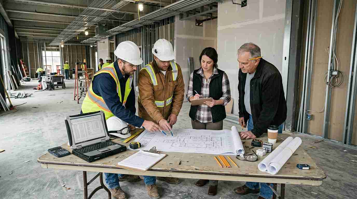 Commercial electrical contractors reviewing construction drawings and project documents during preconstruction planning.