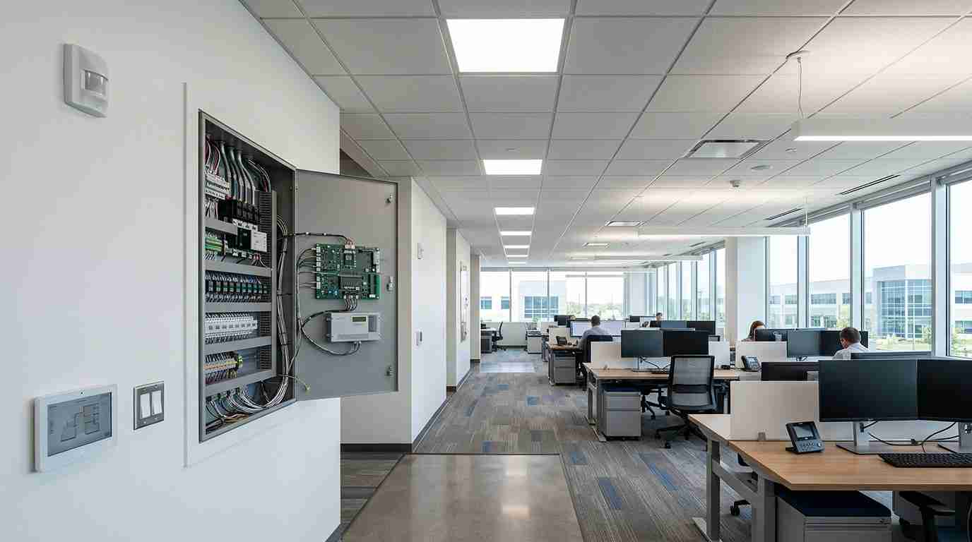 Commercial interior with LED lighting fixtures, occupancy sensors, daylight sensors, and lighting control equipment.