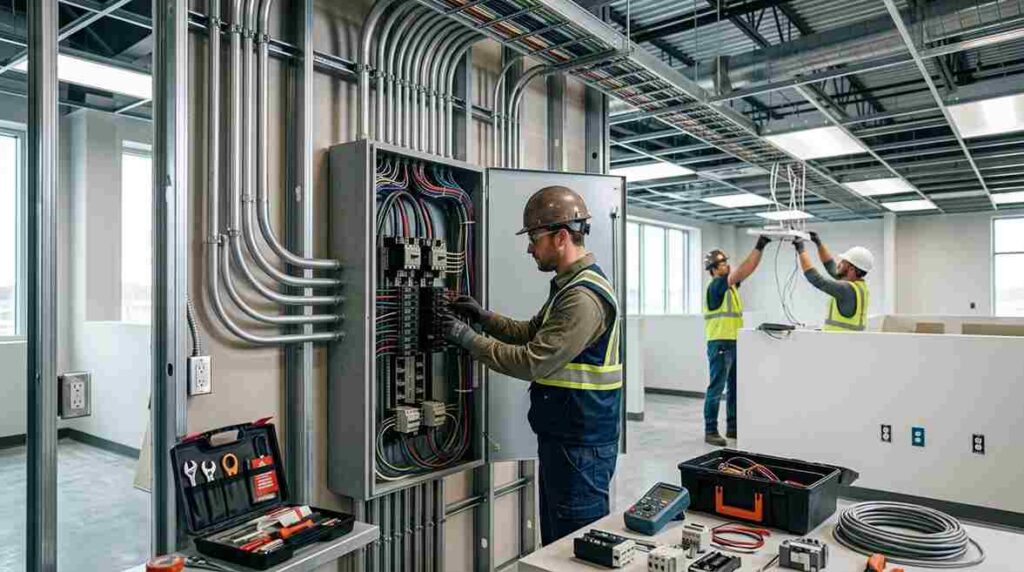 Commercial electrical room with panelboards, a large switchboard, and heavy-duty switchgear used for power distribution and protection.