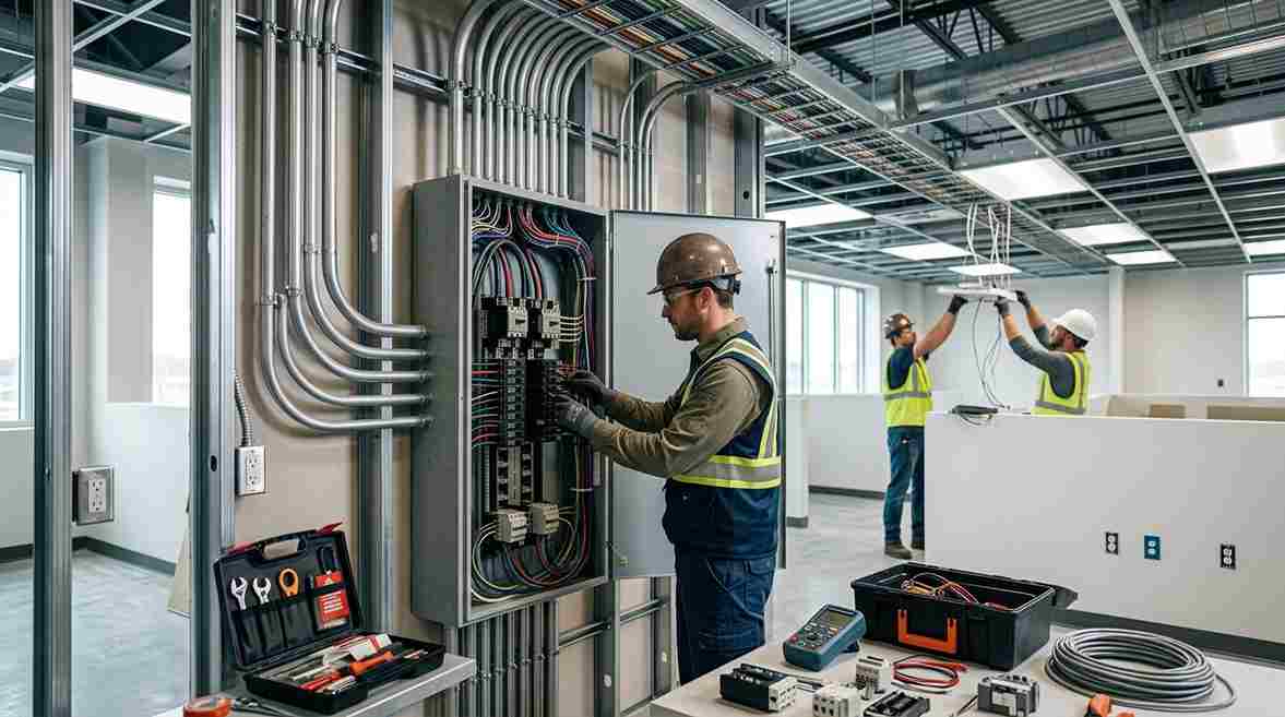 Commercial electrical room with panelboards, a large switchboard, and heavy-duty switchgear used for power distribution and protection.
