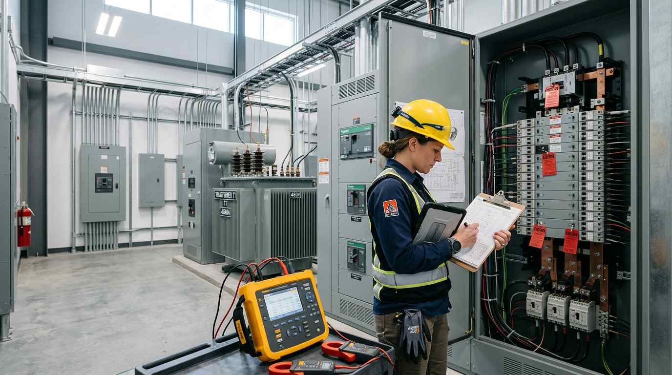 Electrical engineer reviewing commercial building electrical load and capacity in an electrical room