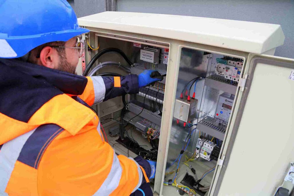 Electrician performing commercial electrical testing on a commercial electrical distribution panel using professional testing equipment.
